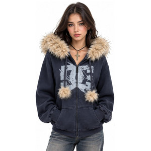 Women's <b>Navy</b> Hooded Zip-Up Sweatshirt With Faux Fur Collar And Pom Poms Printed Design Winter Wear Hoodies - Product Image 4