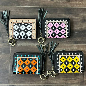 Custom Designer Handmade Tooled Leather Checker Coin Purse for Women Vintage Style RFID Blocking <b>Zip</b> Wallet <b>with</b> Keychain Tassel - Product Image 4