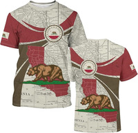 Camiseta de Manga Corta para Hombre con Estampado del Mapa de la Bandera del Estado de California, Corte Regular, Cuello Redondo, Tejido de Punto, 100% Algodón, Ecológica y Transpirable