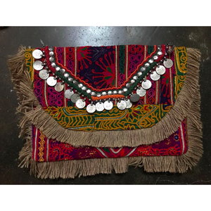 Handmade Ethnic Embroidered Clutch <b>Bag</b> With <b>Coin</b> Beads And Fringe Decor For Evening Party Use - Product Image 1