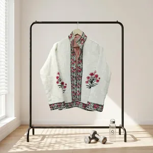 Chaqueta de Lino Blanco con Estampado Artesanal Indio, Cuello Alto, para Mujer, Cárdigan Floral, Blusa de Manga Larga para Primavera - Product Image 1
