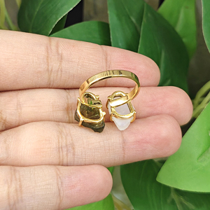 Raw Look Moonstone and Moldavite Double Stone Brass <b>Ring</b> 18k Gold Plated Prong Set <b>Adjustable</b> <b>Size</b> Daily Wear Unisex Jewelry - Product Image 6