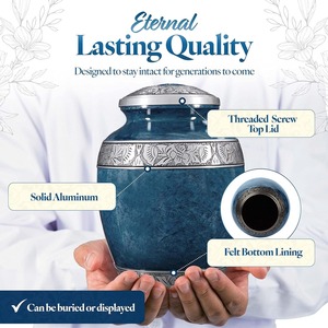 Elegant Blue <b>Memorial</b> Cremation Urn with Decorative Engraved Bands and Velvet Storage Bag - Product Image 2