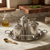 Ensemble de boîtes élégantes en or pour la décoration de la maison, contenants de rangement en métal martelé de luxe avec poignées en forme de feuille et plateau de service, ensemble cadeau