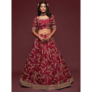 Super Bordeaux Fil Broderie Art Soie Mariage Lehenga Choli - Product Image 5