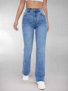 Vaqueros de mezclilla de cintura alta y pierna ancha para mujer, estilo vintage, ecológicos, impermeables, teñidos con hilo, mezcla de poliéster/algodón, con cremallera - Product Image 5