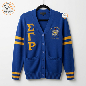 Sigma Gamma Rho Women's Blue Cardigan Sweater Greek Embroidery 100% Cotton Knitted Full Sleeve <b>Covered</b> <b>Button</b> Closure Winter - Product Image 1