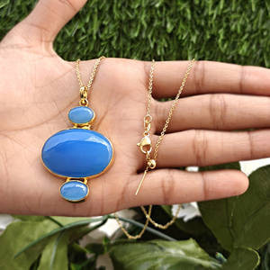 High quality triple stone blue chalcedony big size pendant <b>necklace</b> <b>solid</b> brass 18k gold plated handmade cable chain <b>necklace</b> - Product Image 5