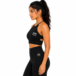 Ensemble 2 pièces pour femme : Soutien-gorge de sport à maintien élevé et crop top à carreaux noirs, et Legging taille haute. Tenue de sport personnalisée pour la gym, le yoga, l'entraînement et le fitness. - Product Image 3