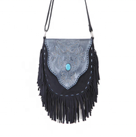 Tas Kulit Asli Wanita RADABA, Warna Navy Metalik, Berhias Kancing Perak dan Batu Giok Turquoise, Model Vintage