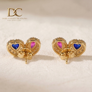 ต่างหูเพชรเพาะเลี้ยงทองคำแท้ 14KT สีเหลือง พร้อมทัวร์มาลีนสีชมพูและไพลินสีน้ำเงินเข้ม เครื่องประดับ IGI คุณภาพสูงสำหรับผู้หญิง - Product Image 6