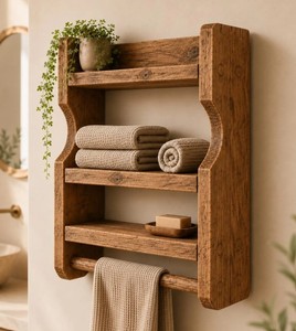 Étagère murale en bois pour salle de bain à 3 niveaux avec barre porte-serviettes, design scandinave, unité de rangement gain de place - Product Image 4