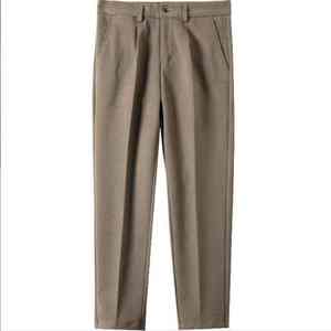 Pantalon habillé décontracté pour homme, coupe slim, léger, motif chiné, devant plat, taille mi-haute, coupe droite, tissu peigné teint uni - Product Image 6