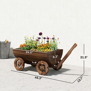 Carrello Fioriera in Legno con 4 Ruote, Piccolo Carretto da Giardino Mobile con Drenaggio, Forniture per Giardino - Product Image 3