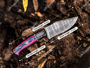 มีดล่าสัตว์ดามัสกัสทำมือขายส่ง ด้ามจับไม้ปักก้า ใบมีดแบบฟูลแทง ดรอปพอยท์ มีดเอาตัวรอด พร้อมปลอก มีด OEM - Product Image 3