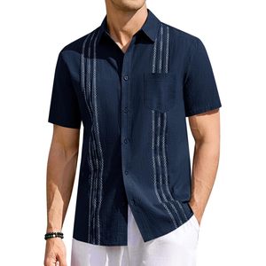 2025 camisa informal de lino para hombre Guayabera cubana de manga corta con botones verano playa estilo Hippie tamaño 6XL ODM suministro - Product Image 5