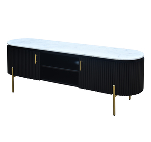 Moderno y Lujoso Mueble de TV Nórdico Ovalado de Madera, Centro de Entretenimiento con Elegante Consola Multimedia Negra Acanalada, Puerta con Ranuras y Superficie de Mármol - Product Image 1