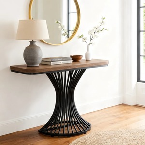 Mesa Consola Moderna de Hierro con Diseño de Pedestal Curvo y Borde Redondo, Iluminación LED, Almacenamiento, Fácil Montaje para Sala de Estar - Product Image 5