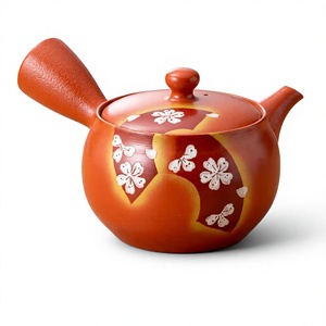 Théière en céramique japonaise traditionnelle avec couvercle, poterie artisanale, motif de fleurs de cerisier rouge, théière Kyusu - Product Image 1