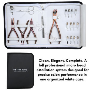Kit complet d'outils pour extensions de cheveux or rose et argent, pour micro-anneaux, nano-anneaux, extensions à bandes adhésives, avec pince, enfileur à crochet, clip et étui de rangement - Product Image 6
