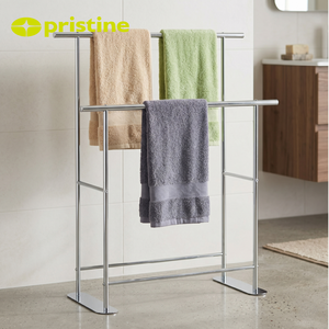 Freestanding Chrome Towel <b>Rack</b> Double Layer Steel Bathroom Towel Holder Minimalist Design 2 Bars - Product Image 6
