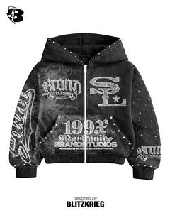 Black Zip Hoodie | Oversized Studded <b>Gothic</b> Graphic Hoodie | Blessed In Silence Streetwear <b>Jacket</b> OEM Private Label Manufacturer - Product Image 2