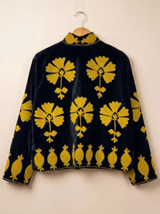 Veste bomber en velours Suzani faite à la main, brodée, réversible, style bohème vintage, motif floral ethnique, automne-hiver, coton - Product Image 2