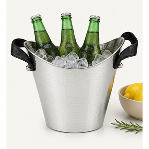 Cubo de Hielo de Acero Inoxidable Martillado con Asas de Cuero Negro, Enfriador de Champán de Metal de Doble Pared para Suministros de Bar y Hotel - Product Image 4