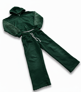 ชุดวอร์มคุณภาพสูงแบบกำหนดเองจากผู้ผลิต กางเกงวอร์มและเสื้อฮู้ดประดับเพชร ชุดวอร์มผ้าฟลีซซิปแบบวินเทจล้างสีสไตล์แอซิดวอช - Product Image 2