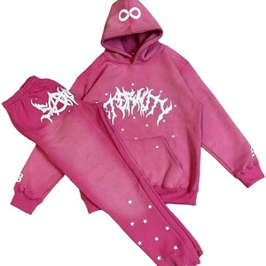 Custom Made New Arrival <b>Top</b> Quality Heavyweight Cotton Fleece Puff Printed Tracksuits Mens Sun faded <b>Distressed</b> Embroidery Suits - Product Image 1