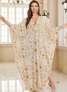 V-Neck Batwing Sleeve Geometric Print Chiffon Maxi <b>Kaftan</b> Loose Fit <b>Summer</b> Casual Dress Breathable Wrap And Tie Style - Product Image 6