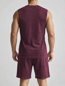 ชุดเซ็ตเสื้อกล้ามและกางเกงขาสั้นผู้ชายสำหรับฤดูร้อน ผลิตจากโรงงาน OEM ล้างสีแบบ Acid Wash  2 ชิ้น รับผลิตแบรนด์ส่วนตัว โพลีเอสเตอร์ แห้งเร็ว - Product Image 6