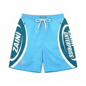 Shorts coupe-vent en micro-polyester 100 GSM de qualité supérieure, bleu ciel et vert sarcelle, avec panneau incurvé, logo personnalisé par sublimation, OEM - Product Image 1