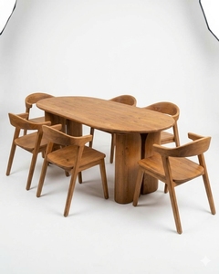 Midcentury Modern Solid Wood Oval <b>Dining</b> Table Set with Curved Arm <b>Chairs</b> - Product Image 1
