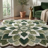 Tapis d'intérieur Mandala Feuille Verte Inspiré de la Nature, Tapis Doux et Tufté à Motifs Botaniques, Tapis Décoratif Moderne pour Salon et Chambre à Coucher