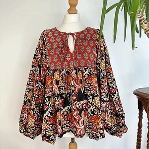 Haut chemisier décontracté Boho pur coton imprimé floral terreux indien Bagru Block débardeur brodé vêtements d'été - Product Image 1