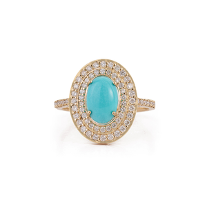 Trendy Handmade Design Cabochon Cut <b>Turquoise</b> & Diamond Double Cluster <b>Ring</b> For Wedding December Birthstone 14K Yellow Gold - Product Image 1