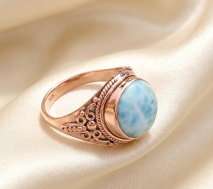 Natural Larimar Statement <b>Ring</b> <b>925</b> Sterling <b>Silver</b> Vintage Filigree Handmade Gemstone <b>Ring</b> Women Jewelry Gift for Men Unisex Her - Product Image 3
