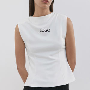 Camiseta de Mujer con Diseño Recto, Cuello Redondo, Sin Mangas, con Hombreras, Diseño Peplum / Diseño de Color Sólido con Logotipo, Elegante - Product Image 1