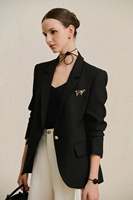 Blazer pour femme en tissu uni à col cranté, manches longues, respirant, longueur intégrale, noir, polyester/coton, simple boutonnage, 140g