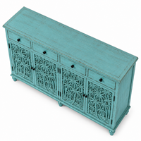 Buffet de rangement artisanal sur mesure en bois de manguier massif sculpté en forme de palmier, éco-responsable, de style traditionnel et antique, avec turquoise, 4 compartiments