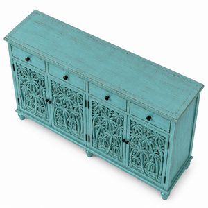 Custom Handcrafted Eco-Friendly Antique Turquoise Solid Mango Wood Palm Tree Carved <b>Sideboard</b> <b>Storage</b> Cabinet 4 Drawers 4 Doors - Product Image 3