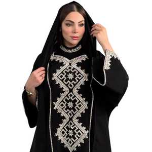 Elegant Black Abaya With Silver Beaded Embroidery High Neck Long Sleeve Floor Length Loose Fit Women Middle East Party Wear - Product Image 4