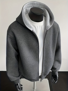 Sweat à capuche polaire brodé 100 % coton épais 430G pour homme – Veste d'hiver tendance style américain coupe ample bicolore - Product Image 3