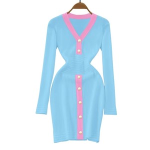 Customized High Quality Women's V-Neck Button All Seasons Casual Sorority Sweater Dress New Youth College Knee-Length Knitted - Product Image 2