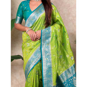 ผ้าไหมทอมือลายพิสตาสีเขียว แบรนด์อีลิท วีฟส์ รุ่นบาเนราสี จาล ซารี ผ้าไหมอินเดียแบบดั้งเดิมสุดหรูสำหรับผู้หญิง - Product Image 4