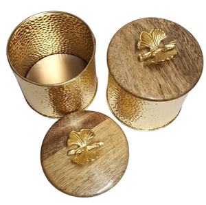 Creative Design Low MOQ Handmade Golden Metallic <b>Canister</b> With Wooden Lid Manufacturer Wholesaler <b>Set</b> of 2 <b>Canister</b> - Product Image 1