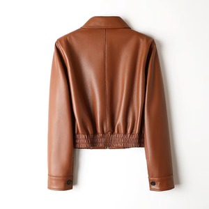 528 <b>Sheepskin</b> Yellow Brown Lapel Zipper Simple Style Short Women's <b>Jacket</b> 2026 New Product for New Products 2026 - Product Image 3