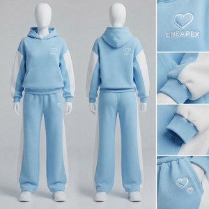 Ensemble de survêtement décontracté pour femme, bleu ciel et blanc, avec sweat à capuche oversize et pantalon de jogging à jambes larges, tenue deux pièces - Product Image 4