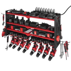 Organizzatore per Utensili Elettrici da Parete, Stazione di Ricarica con 4 Supporti per Trapani, Scaffale a 3 Livelli per Trapani, Pannello Forato Laterale per Garage - Product Image 1